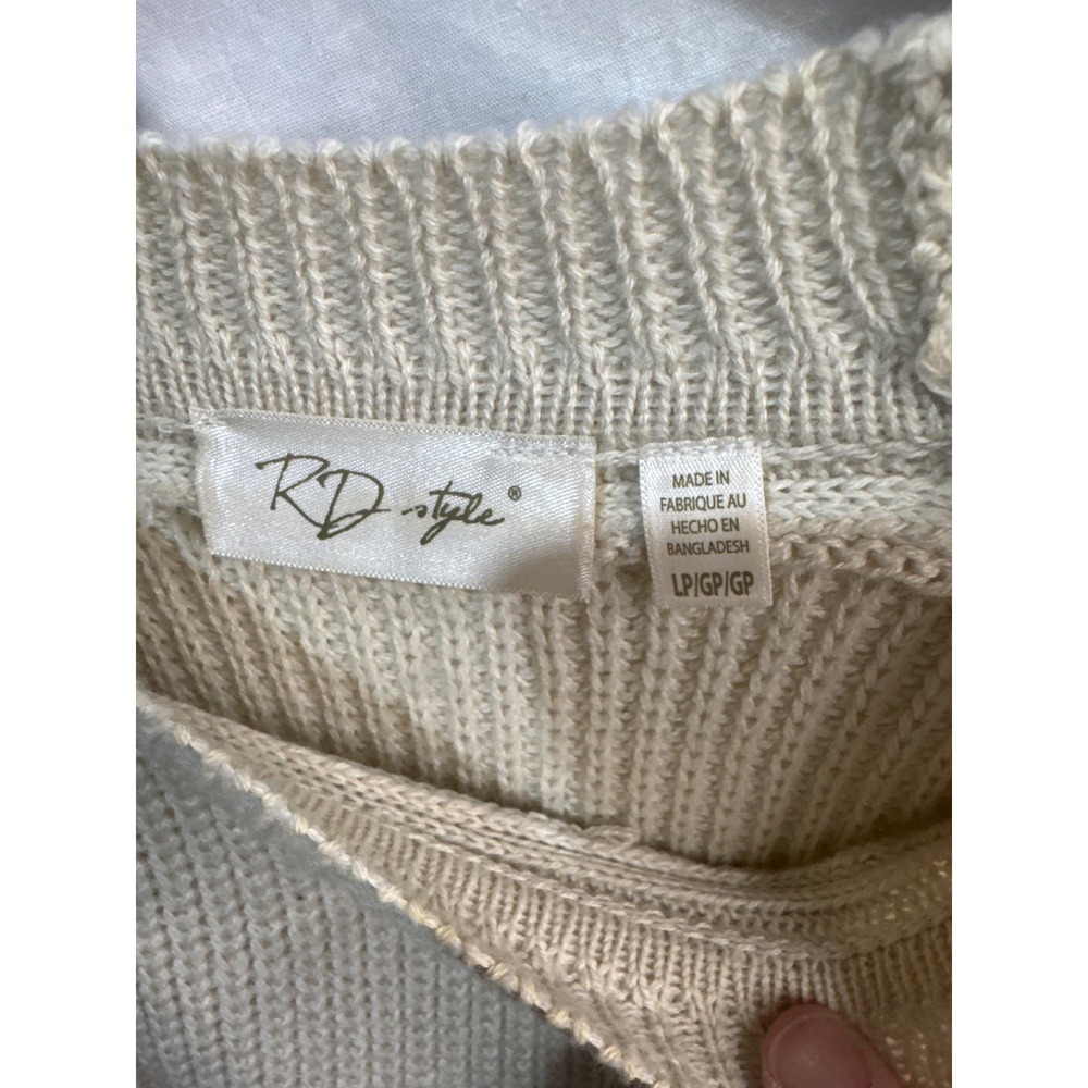 RD Style Cream Knit Sweater Long Sleeve Crew Neck Pullover Off-White Large Petit